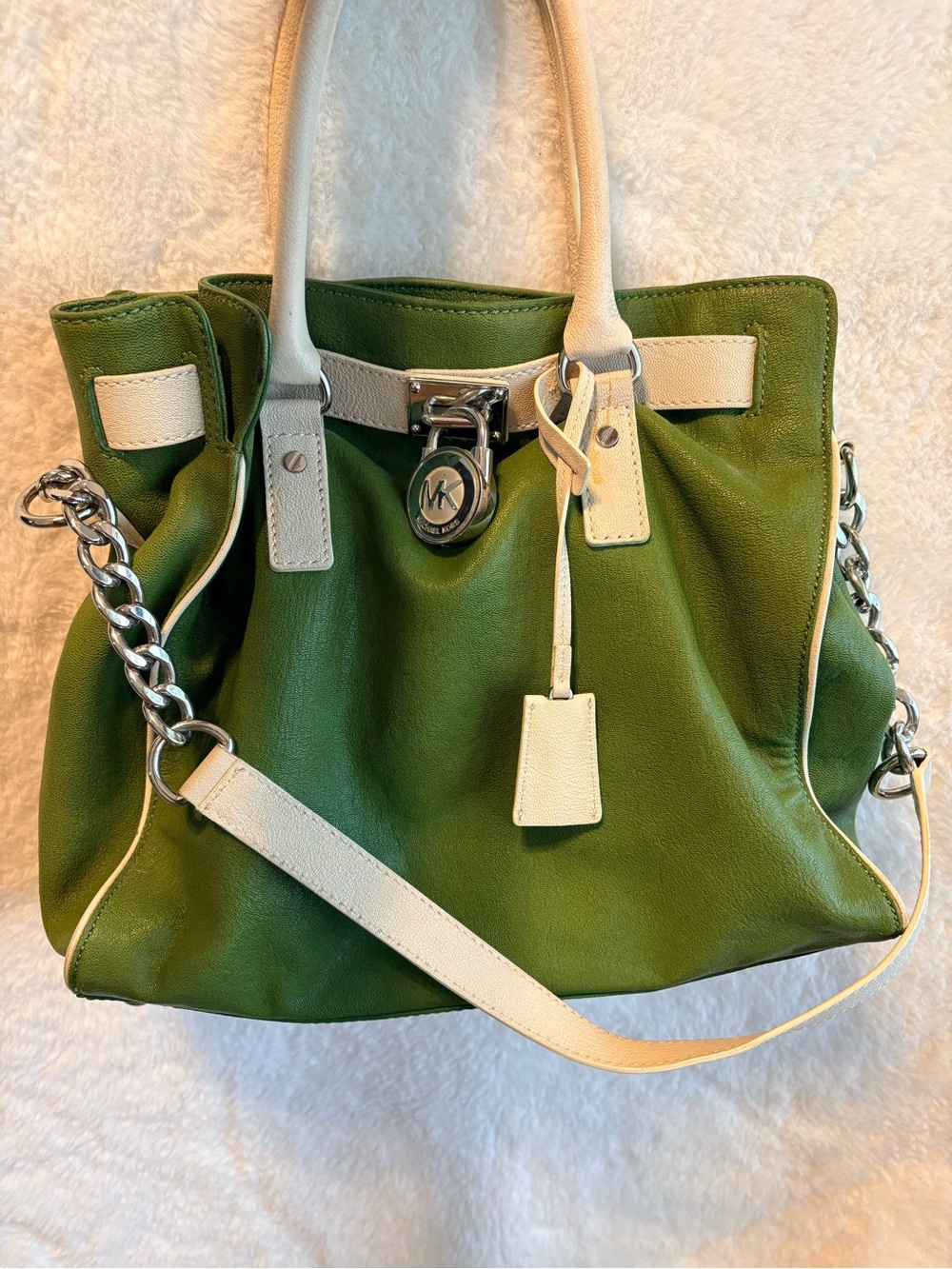 Michael Kors Green and Cream Leather Tote with Chain-Trim